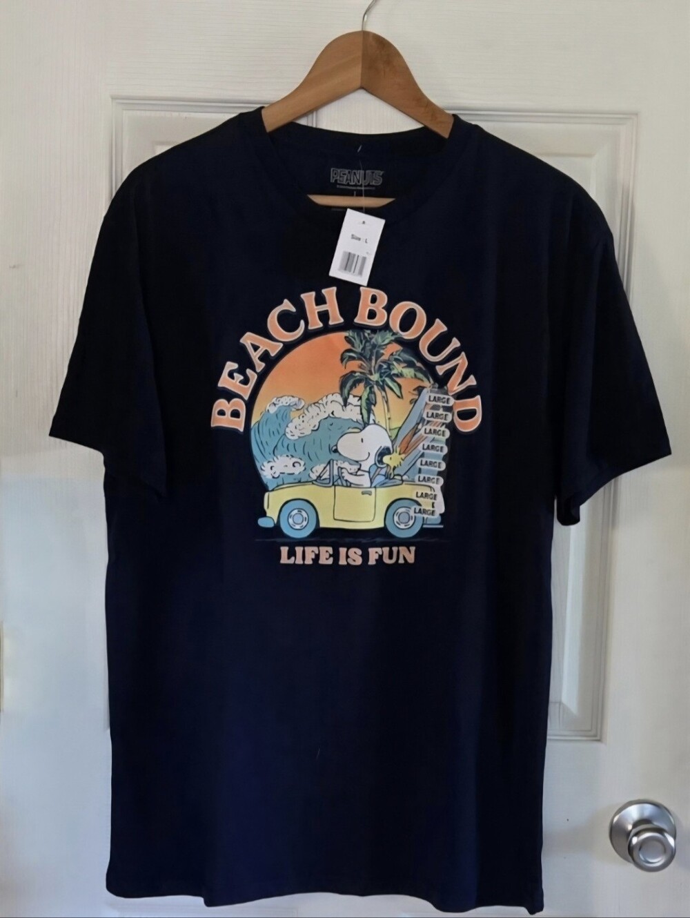 Peanuts Snoopy & Woodstock Unisex Woman or Mens Beach Bound Navy Graphic Shirt